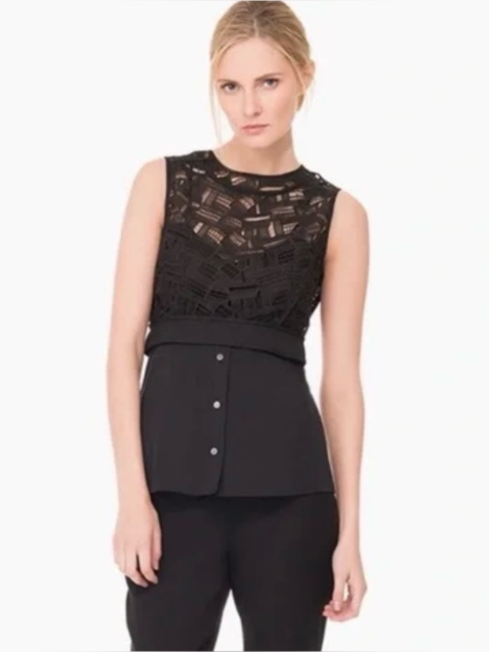 Veronica Beard Black Lace Peplum Top Sleeveless Button Front Designer Blouse